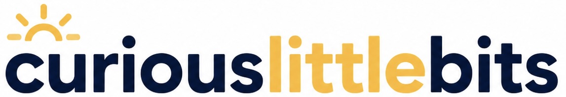 Curious Little Bits logo with yellow sun icon and navy and yellow wordmark